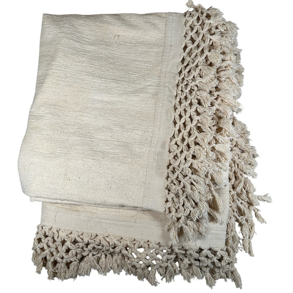 Vintage 70s‎ India Ink Handwoven Cotton Bedspread Cream Macrame Fringe Tassel